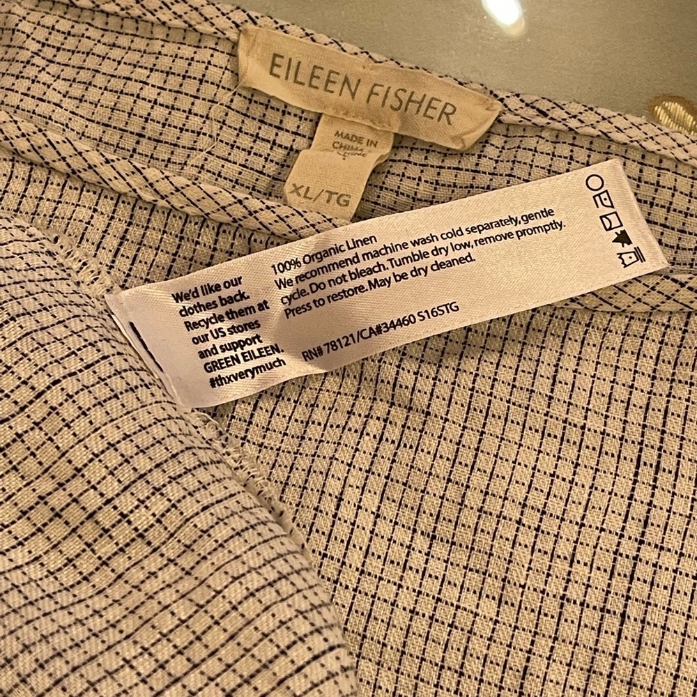 Eileen Fisher black and checked organic linen dress. Pockets & easy flowy style.